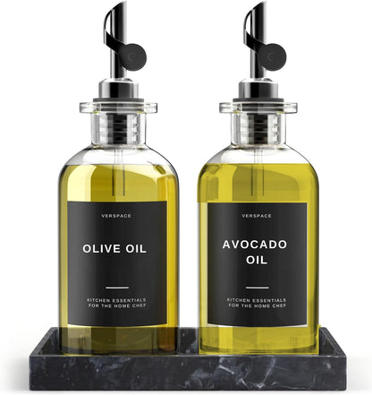 Olive Oil Dispenser Set With Silicone Tray & 40 Labels - 2 Black Bottles (500ml / 17oz) for Kitchen, Soy Sauce, Coffee Syrup