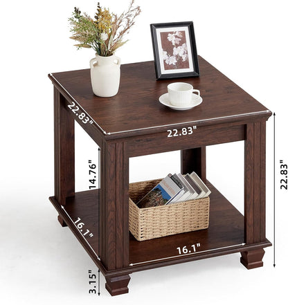 Farmhouse End Table,Large Side Table with 2-Tier Storage Shelf,Rustic Brown End Tables for Living Room,Square Tea Table,Walnut