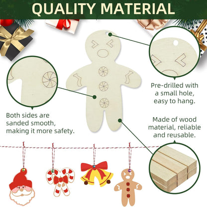 Wooden Christmas Ornaments, 176 PCS Unfinished Predrilled Wood Ornaments Set with 72 Blank Wood Slices in 9 Styles, 90 Bells and 12 Color Pens for Kids DIY Crafts and Christmas Hanging Decoration, A