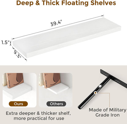 40 Inch Floating Shelves White, 40" W x 9" D Floating Shelf Set of 2, Farmhouse Wood Wall Shelves for Bedroom, Kitchen, Wall Mounted Deep Shelving for Home Decor