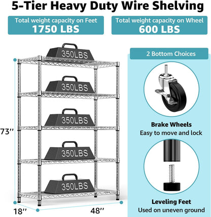 5-Shelf Storage Shelves,Wire Shelving Heavy Duty Metal Storage Shelving Unit Adjustable Garage Shelving Rack Pantry Kitchen (Chrome, 5 Tier,17.7" D x 47.2" W x 76.7" H)