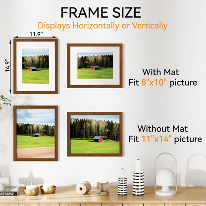 IBUYKE 11 x14 Picture Frame,Solid Oak Wood 11x14 Photo Frame with Mat to 8x10,11x14 Picture Frames With Tempered Glass,Wall Mount Display,Home Decor,Walnut Oak 14 x 11 Frame,UWPF1114H