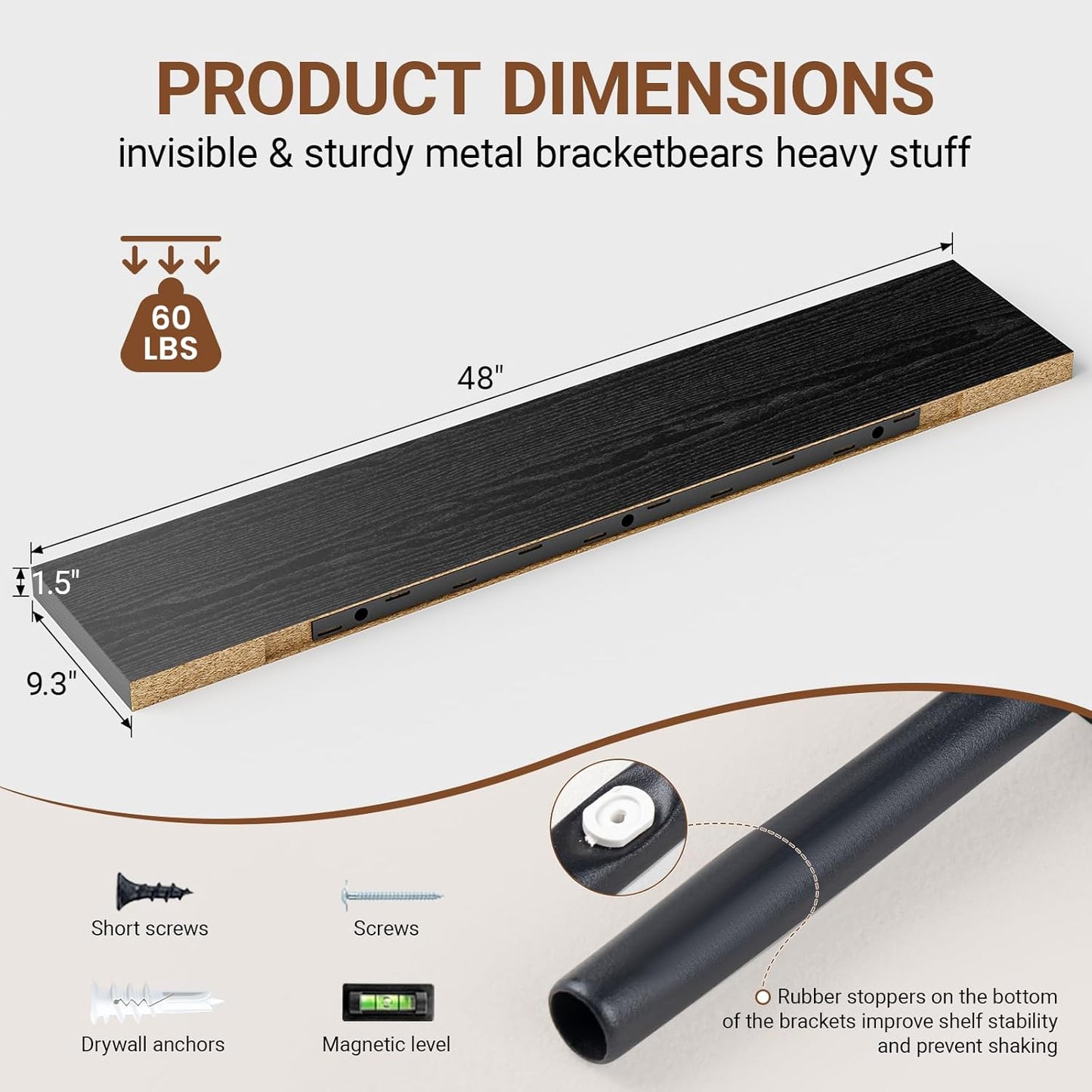 Heimlove Floating Shelves for Wall 48 Inches Long,9.3" Deep Black Floating Shelf Set of 2,Wall Mounted Wood Shelves for Bathroom Bedroom Living Room Kitchen Office,Shelf for Books Storage Room Decor