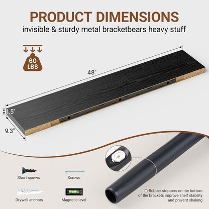 Heimlove Floating Shelves for Wall 48 Inches Long,9.3" Deep Black Floating Shelf Set of 2,Wall Mounted Wood Shelves for Bathroom Bedroom Living Room Kitchen Office,Shelf for Books Storage Room Decor