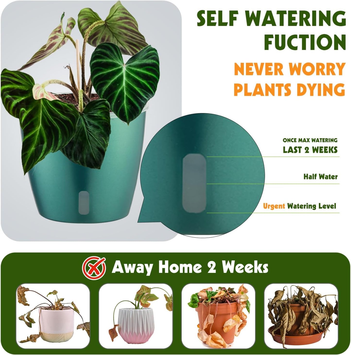 Self Watering Pots for Indoor Plants, 4-Pack 6.7'' Self Watering Planter with Drainage Holes, Small African Violet Pots with Water Indicator, Clear Wick Orchid Pot, Blue Gold