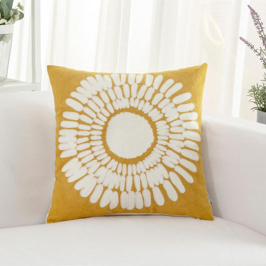 HWY 50 Mustard Yellow Decorative Throw Pillow Covers 18x18 Inch (1 Piece), Embroidered Cotton Modern Farmhouse Cushion Cover Pillow Case for Sofa Couch Living Room Bed, Sunflower