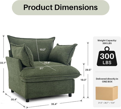 35.4" Wide Oversized Chenille Single Sofa Chair with 2 Pillows, Modern Upholstered Accent Chair Armchair for Livingroom Bedroom Apartment, Green