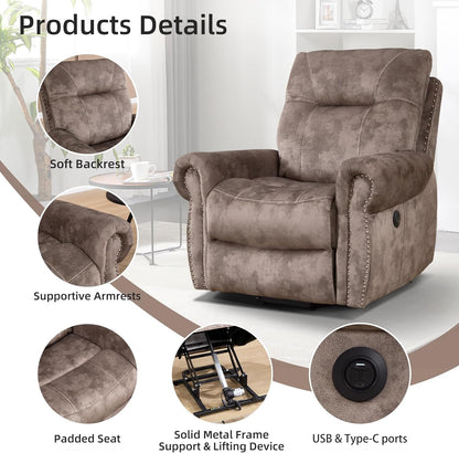 EBELLO Electric Power Recliner Chair with Massage and Heat, Soft Fabric Massage Recliner for Adults, Overstuffed Single Reclining Sofa, Vintage Rivet Mid-Century Design for Living Room, Brown