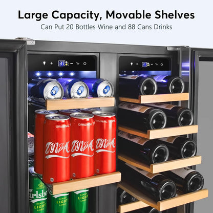 Tylza Upgraded Wine and Beverage Refrigerator 24 Inch, Dual Zone Wine Beverage Cooler with French Door, Under Counter Wine Beer Fridge Built-In or Freestanding, Holds 20 Bottles and 88 Cans, Low Noise