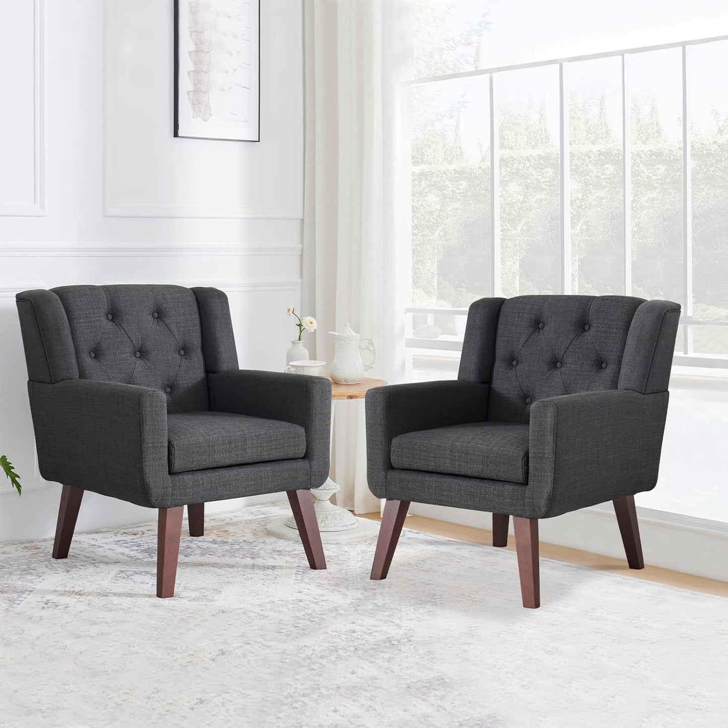 Accent Chair Button-Tufted Upholstered Living Room Chairs Comfy Reading Chair Mid Century Modern Chair with Linen Fabric Lounge Arm Chairs for Living Room Bedroom (Grey Set of 2)
