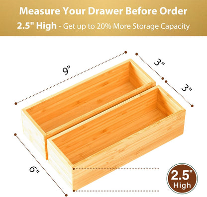 Umilife Bamboo Kitchen Drawer Organizer, Extra High Silverware Tray, Flatware Cutlery Storage Box, Multi-Use Holder in Office, Bathroom, Pantry - 9"x3"x2.5" (Set of 2)