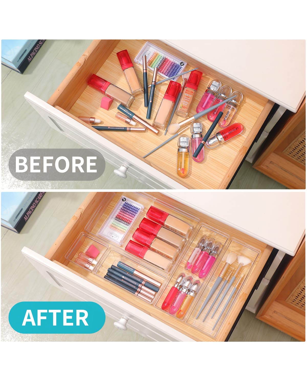 Sodynee Clear Plastic Drawer Organizer Storage - 25Pcs 4 Size Desk Bathroom Kitchen Organizers and