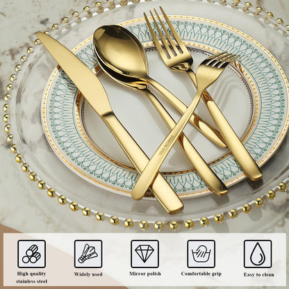 Berglander Gold Silverware Set 60pcs Service for 12, Golden Titanium Plating Stainless Steel Flatware Set, Gold Spoons Forks Knives Set for Home, Wedding, Restaurant, Hotel, Dishwasher Safe