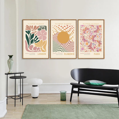 Tinonedraw Boho Flower Market Framed Canvas Wall Art Set, Pink Beige Cute Butterfly Wall Decor, Colorful Abstract Floral Wall Painting, Modern Matisse Art Print for Girls Room Bedroom Office Nursery 16"x24"x3