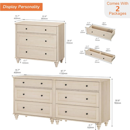 WAMPAT Kids Dresser with 6 Drawers, Baby Dressers with Wide Chest of Drawers, Mid Century Modern Wooden Closet Storage Organizer, Large Wood Dressers for Bedroom, Nursery, Hallway, Beige, 68 inch