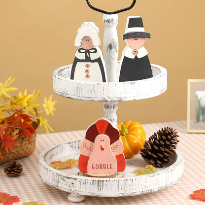 Amorita Fall Thanksgiving Decorations Wooden Turkey Pilgrim Couple Table Sign 3 Pcs Fall Thanksgiving Decor Standing Tabletop Sign Decor for Autumn Harvest - W