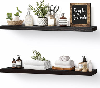 Floating Wall Shelves 2-Pack - 24-Inch Rustic Black Wooden Shelves for Storage and Décor, Easy Installation for Living Room, Bedroom, and Kitchen