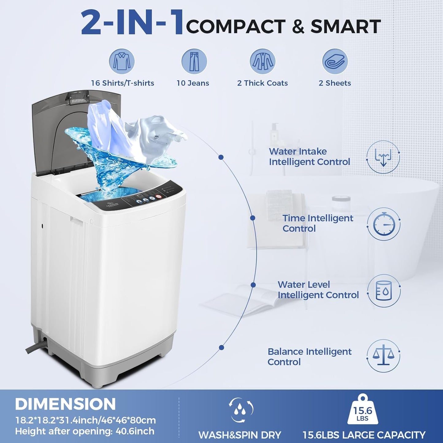 Nictemaw Portable Washing Machine 15.6Lbs Capacity Portable Washer with Drain Pump 2.1Cu.ft Full-Automatic Compact Washer with 10 Programs 8 Water Level for Home, Apartment, RV, Dorms
