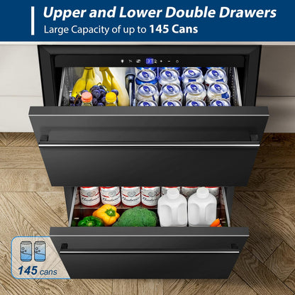 Tylza Under Counter Drawer Fridge 24 Inch, Built-in/Freestanding Beverage Refrigerator for Home and Commercial Use, Stainless Steel Material, Fast Cooling, Low Noise, Black