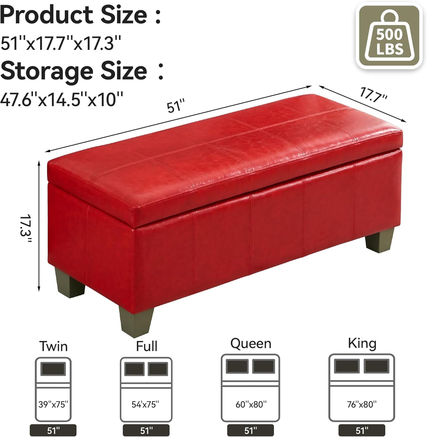 51" Faux Leather Storage Ottoman, Stitch Tufted Rectangle Upholstered End of Bed Storage Bench, Entryway Large Couch Ottoman with Wooden Legs,Red