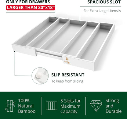 ROYAL CRAFT WOOD Luxury Bamboo Kitchen Drawer Organizer - Silverware Organizer - Utensil Holder and Cutlery Tray with Grooved Drawer Dividers for Flatware and Kitchen Utensils (5 Slot, White)