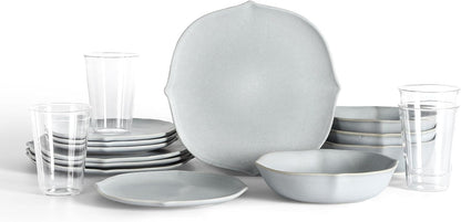 Stone Lain Baskerville 16-Piece Dinnerware Set Stoneware, Borosilicate Glass, Light Blue