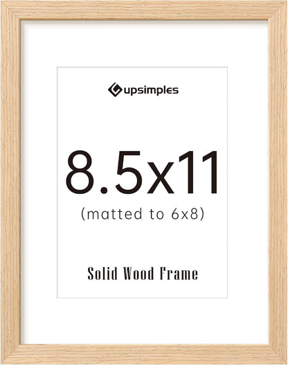 upsimples 8.5 by 11 Picture Frame, Natural Solid Wood Picture Frames, Display 6x8 with Mat or 8.5 x 11 Without, Wall or Tabletop, 1 Pack, Natural