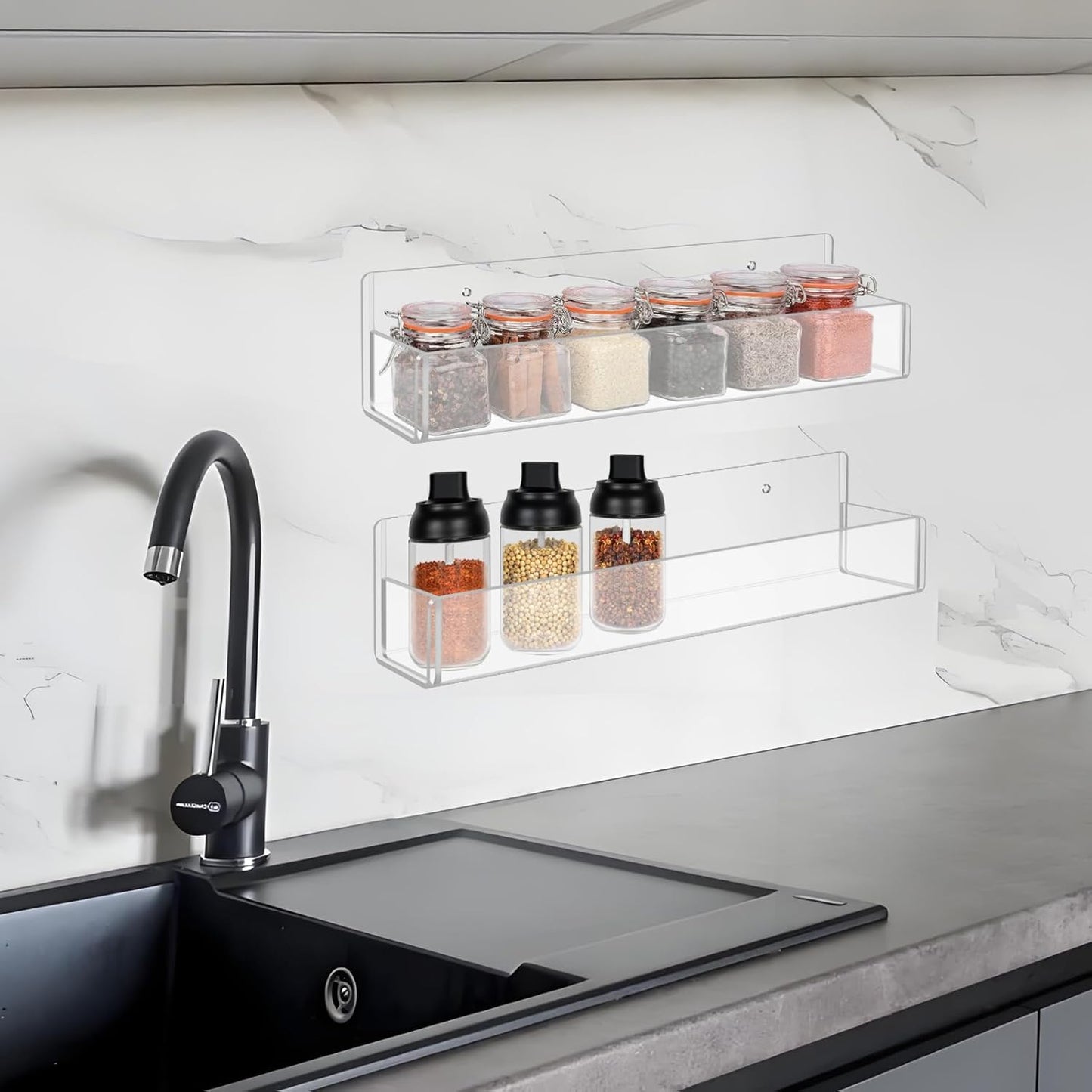 Acrylic Spice Rack Wall Mount-12 Inch, Clear Spice Shelf Storage Holder, 2 Pack Hanging Seasoning Rack Organizer for Cabinet Door, Cupboard or Wall Kitchen (Adhesive or Screw)
