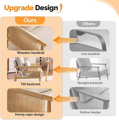 VINGLI Boho Braid Accent Armchair,Mid-Century Modern Chiar with Solid Wooden Armrest,Comfy Louge Cushion Chair with Waist Pillow for Bedroom,Living Room,Reading Room, Light Gray