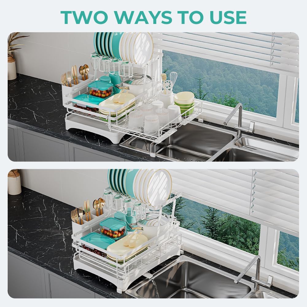 2 Tier Large Dish Drying Rack - Extendable Dish Rack, 2-in-1 Anti-Rust Stainless Steel Dishrack for Kitchen Counter and Sink, Dish Strainer with Utensil Holder & Cup Holder(White)