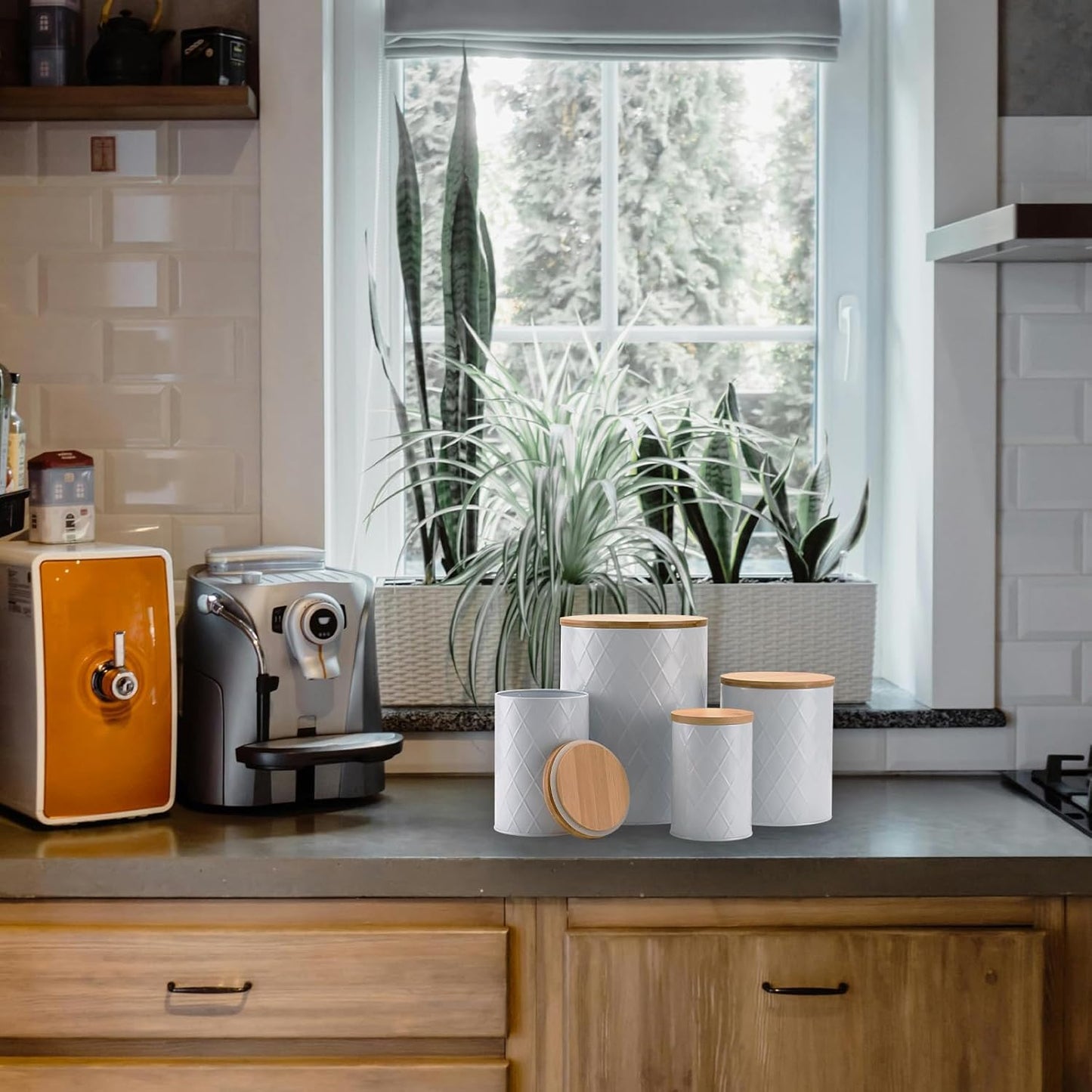 White Kitchen Canisters Set with Bamboo Lids, Airtight Sugar, Flour, Coffee, Cookie Storage Canister Sets for kitchen Countertop, Farmhouse kitchen decor, 4 Pack