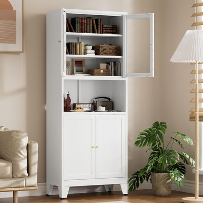 69" Tall Pantry Cabinet, Kitchen Storage Cabinet with 2 Glass Doors and Adjustbale Shelves, Freestanding Metal Cupboards for Dining Room, Living Room, Bathroom