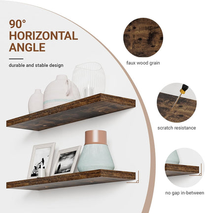 Floating Shelves for Wall 36 Inches Long,9.3" Deep Rustic Brown Floating Shelf Set of 2,Wall Mounted Shelves for Bathroom Bedroom Living Room Kitchen Office,Shelf for Books Storage,Home Decor