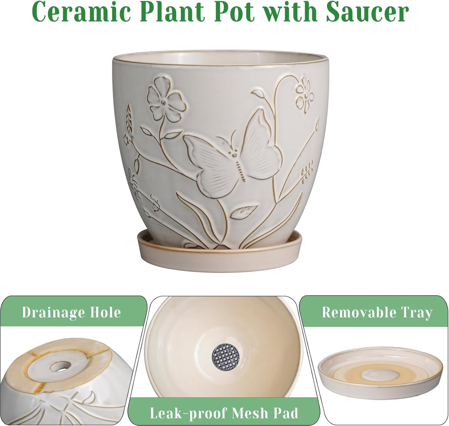 10 Inch Plant Pot Ceramic Planter Pot with Drainage Hole and Saucer Round Planter Large Flower Pot for Indoor Outdoor Plants Home Garden Decor White