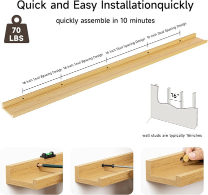 Floating Picture Ledge Shelves for Wall Set of 2, 84 Inches Picture Ledge Shelf with Long Large Nursery Book Shelf for Toys Storage Kids Bookshelf Wall Mounted Living Room Bedroom Decor Frames, Oak