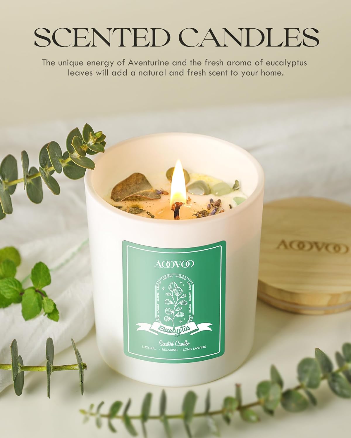 AOOVOO Eucalyptus Mint Scented Candles for Women - Aromatherapy Candle with Crystals Inside, 10oz Soy Candles for Home Scented, Mothers Day Birthday Gifts Candle for Women Mom