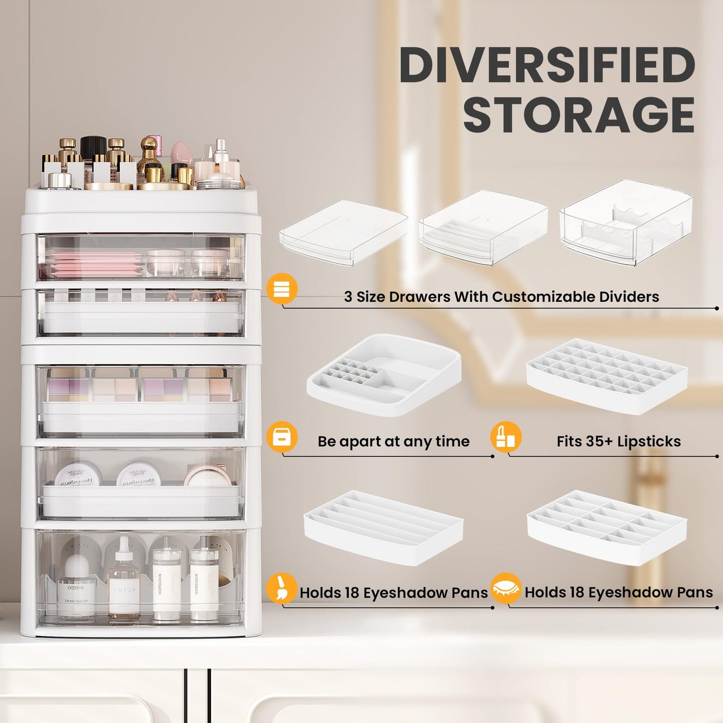 Rolling Cart with 5 Drawers, Clear Plastic Drawer Organizers, Vanity Cart