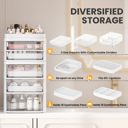 Rolling Cart with 5 Drawers, Clear Plastic Drawer Organizers, Vanity Cart