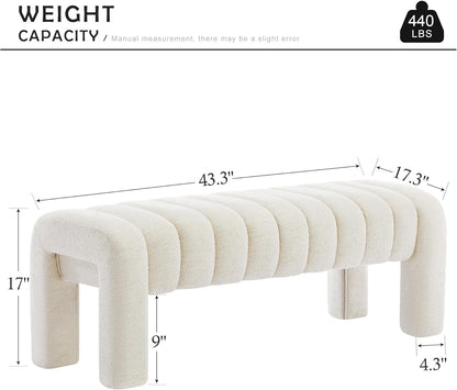 43.3" Bedroom Bench, Upholstered Entryway Bench, Modern End of Bed Ottoman with Solid Wood Legs and Adjustable Foot Pegs for Entryway, Dining Room and Living Room (Beige Linen)