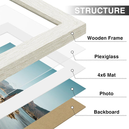 Vittanly 5x7 Picture Frames Set of 9, Shatter Resistant Plexiglass, Display 4x6 Pictures with Mat or 5x7 without Mat, Photo Frames for Wall or Tabletop, Engineered Wood, Whitemist