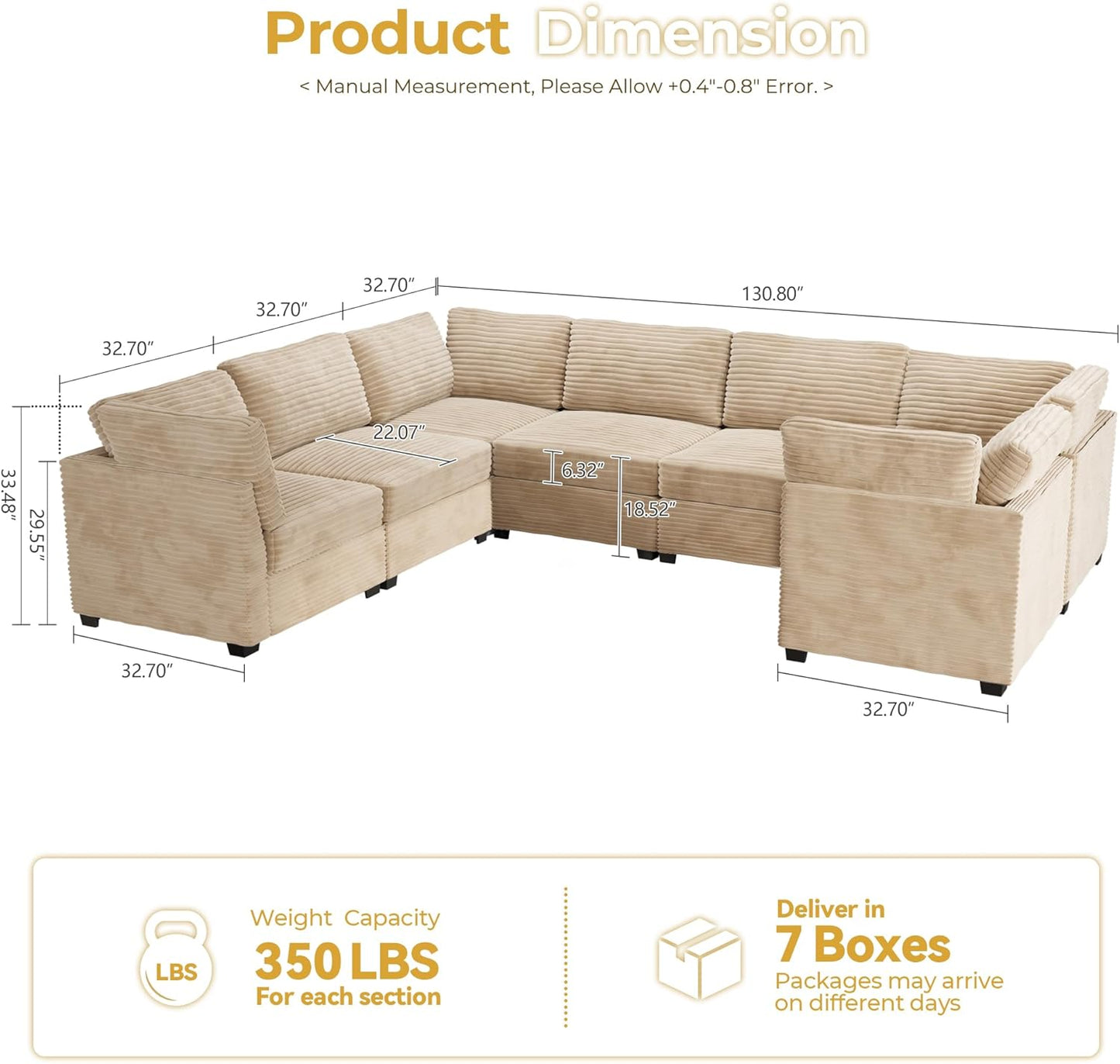 HOOOWOOO Modular Sectional Sofa,7 Pieces Sectional Couches for Living Room,131X98 U Shaped Cloud Couch Set(Beige Velvet Corduroy)