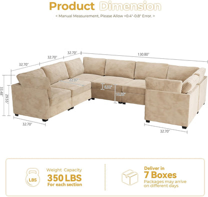 HOOOWOOO Modular Sectional Sofa,7 Pieces Sectional Couches for Living Room,131X98 U Shaped Cloud Couch Set(Beige Velvet Corduroy)
