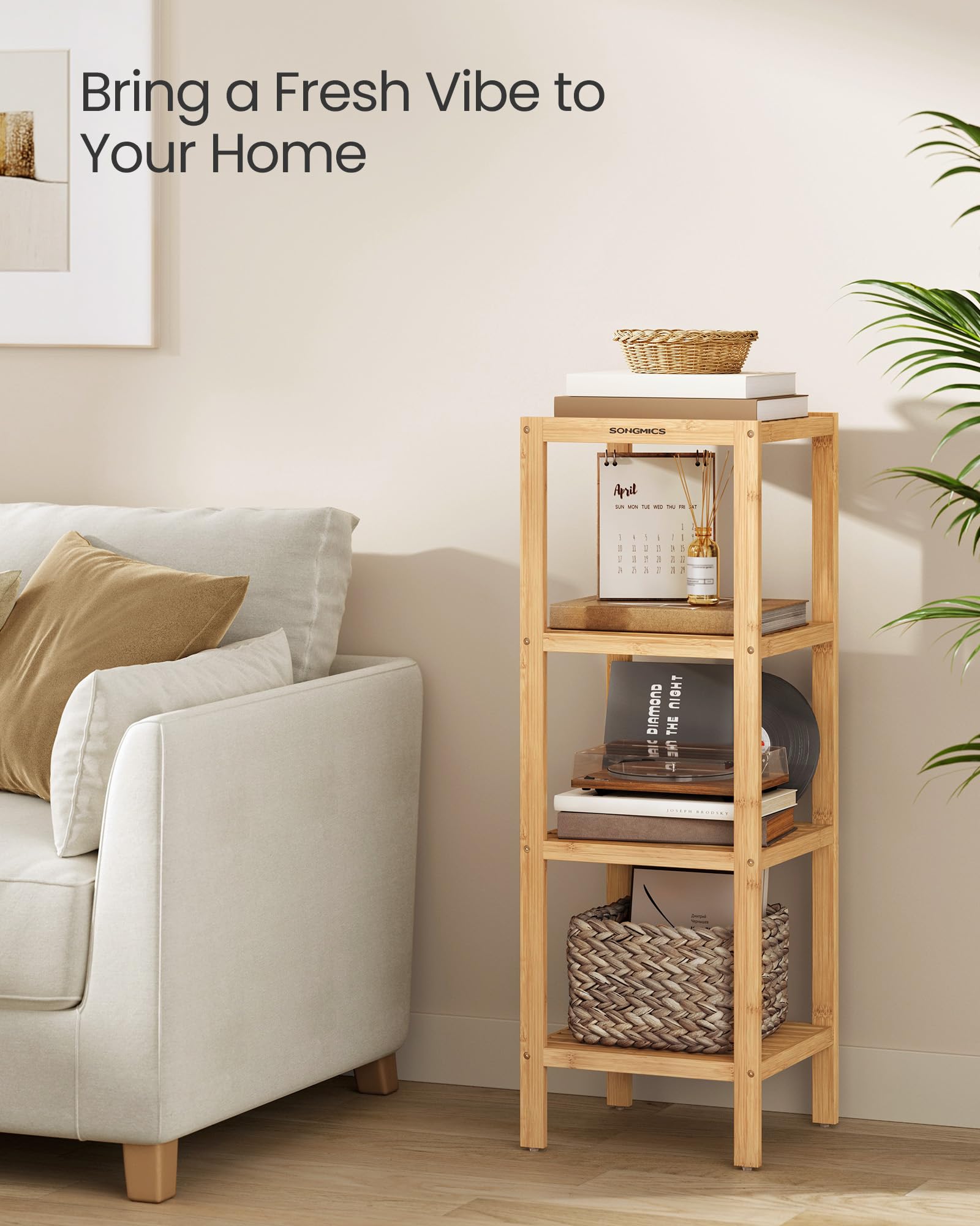 SONGMICS 4-Tier Bamboo Shelf, Narrow Bathroom Shelf, Standing Towel Rack, Corner Rack, for Kitchen