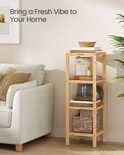 SONGMICS 4-Tier Bamboo Shelf, Narrow Bathroom Shelf, Standing Towel Rack, Corner Rack, for Kitchen