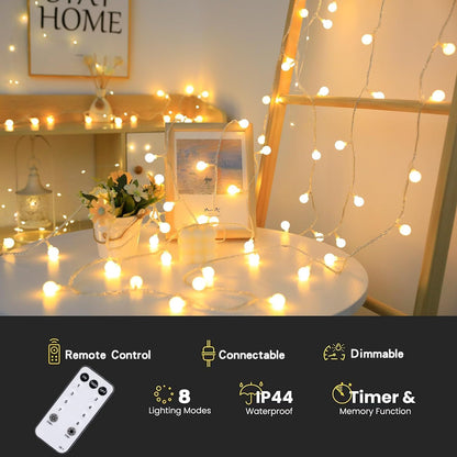 Globe String Lights Plug in 116 Ft. 200 LED 8 Modes with Remote,Waterproof Fairy String Lights for Indoor Outdoor Bedroom Party Wedding Garden Christmas Tree Decor,Warm White