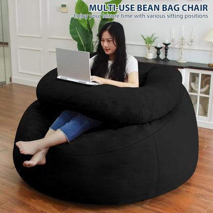 HABUTWAY Bean Bag Chair with U-Shaped Pillow for Adult and Kids Big BeanBag Chair with Filling Ultra Soft Teddy Fleece Couch Chair with Washable Cover for Living Room Bedroom Office, Black & Black