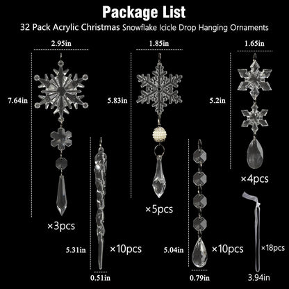 Christmas Tree Decoration Crystal Ornaments - 32pcs Acrylic Christmas Ornaments Snowflake Icicle Drop Crystal Hanging Ornaments for Xmas Tree Winter Holiday Frozen Party Decorations