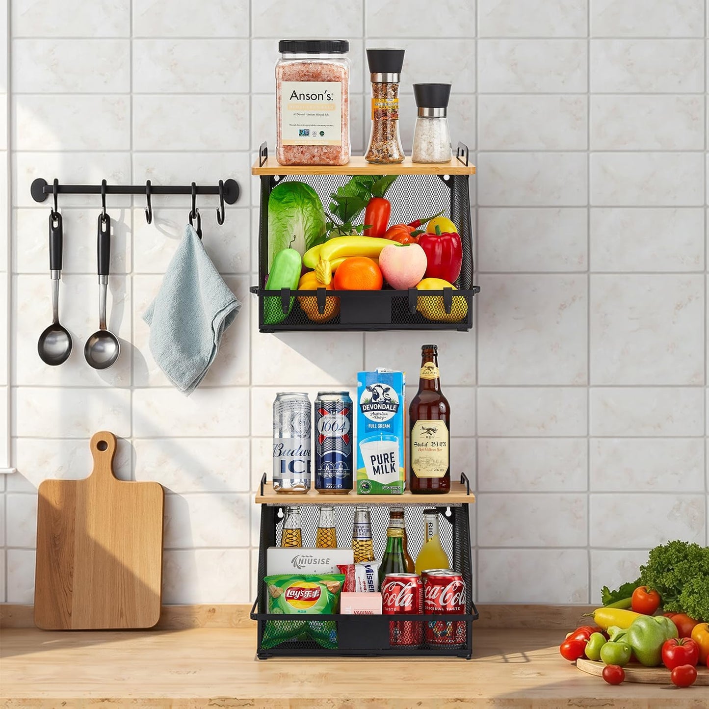 1 SET Large fruit basket for kitchen counter-stackable basket with Bamboo Tops & Tag,hanging wall baske,for Cabinet Shelf Countertop pantry storaget, onion potato Vegs Bread Food Organizing Bin,BLACK