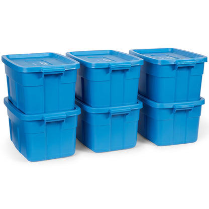 Rubbermaid Roughneck Tote 14 Gal, 6 Pack, Made in USA, Heritage Blue, Rugged Plastic Stackable