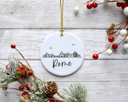 Andaz Press Round Ceramic Porcelain Christmas Tree Ornament Keepsake Gift, Rome, Colorful International City Skyline Graphic, 1-Pack, Birthday Ideas Family Coworker Him Her, Gift Box